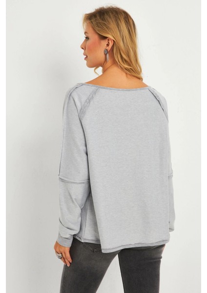 Kadın Gri Kayık Yaka Ters Dikişli Sweatshirt TF10 fiyatları