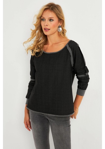 Kadın Antrasit Kayık Yaka Ters Dikişli Sweatshirt TF10