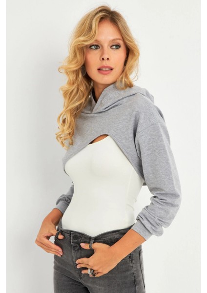 Kadın Gri Kapüşonlu Crop Sweatshirt TF03