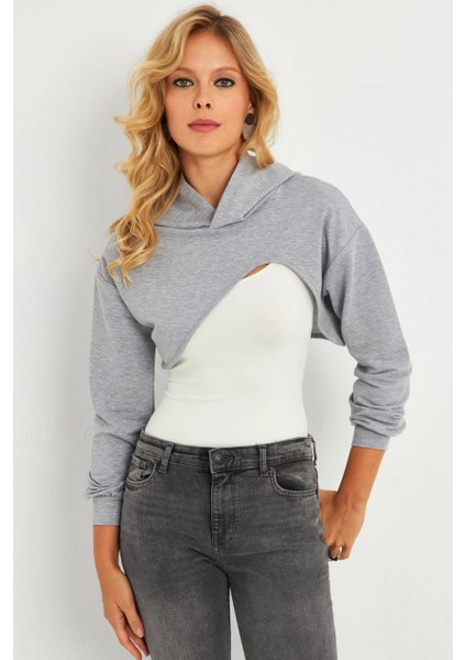 Kadın Gri Kapüşonlu Crop Sweatshirt TF03 fiyatları