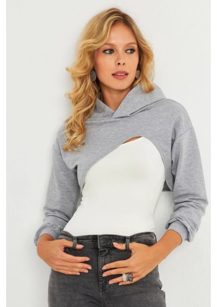 Kadın Gri Kapüşonlu Crop Sweatshirt TF03 modelleri