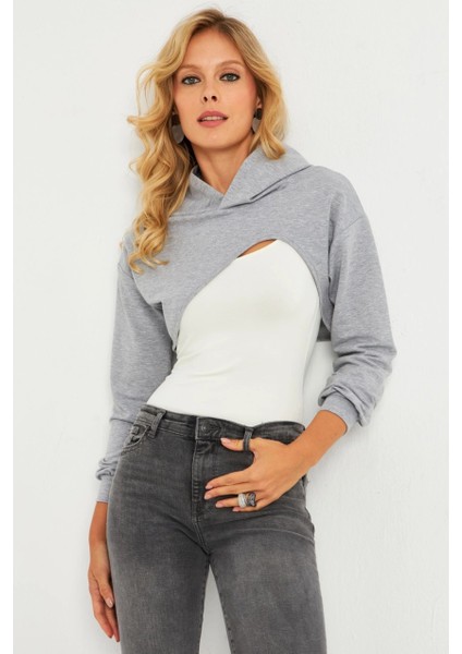 Kadın Gri Kapüşonlu Crop Sweatshirt TF03 fırsatları