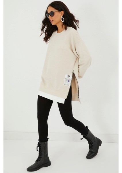 Kadın Ekru Yanları Fermuarlı Oversize Sweatshirt BK231095 fiyatları