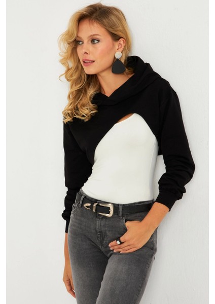 Kadın Siyah Kapüşonlu Crop Sweatshirt TF03