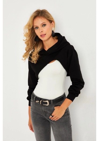 Kadın Siyah Kapüşonlu Crop Sweatshirt TF03 fiyatları