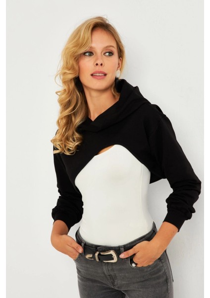 Kadın Siyah Kapüşonlu Crop Sweatshirt TF03 modelleri