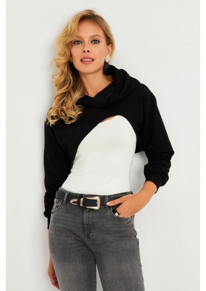 Kadın Siyah Kapüşonlu Crop Sweatshirt TF03 fırsatları