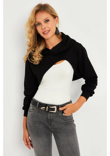 Kadın Siyah Kapüşonlu Crop Sweatshirt TF03 indirimleri