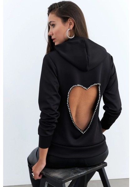 Kadın Siyah Sırt Dekolteli Taşlı Sweatshirt BTH15