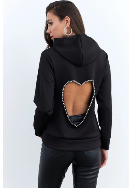 Kadın Siyah Sırt Dekolteli Taşlı Sweatshirt BTH15 fiyatları