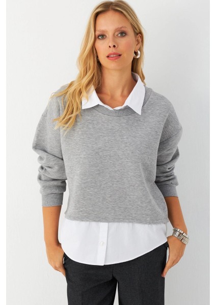 Kadın Gri Gömlek Detaylı Sweatshirt MAYD21 modelleri