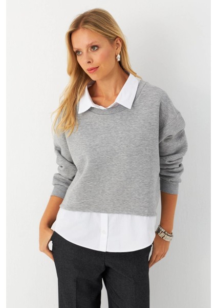 Kadın Gri Gömlek Detaylı Sweatshirt MAYD21 fırsatları
