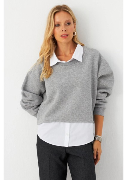 Kadın Gri Gömlek Detaylı Sweatshirt MAYD21 indirimleri