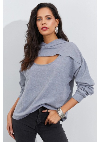 Kadın Gri Önü Pencereli Kapüşonlu Sweatshirt Yİ2486 fiyatları