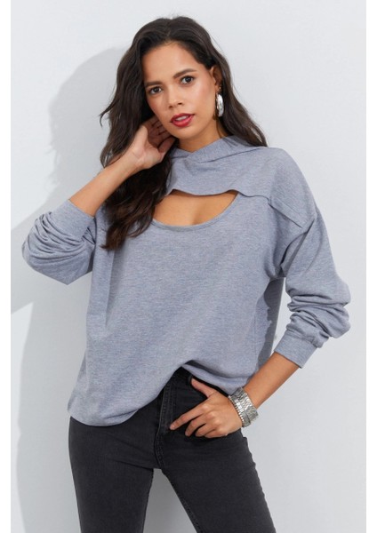 Kadın Gri Önü Pencereli Kapüşonlu Sweatshirt Yİ2486 modelleri