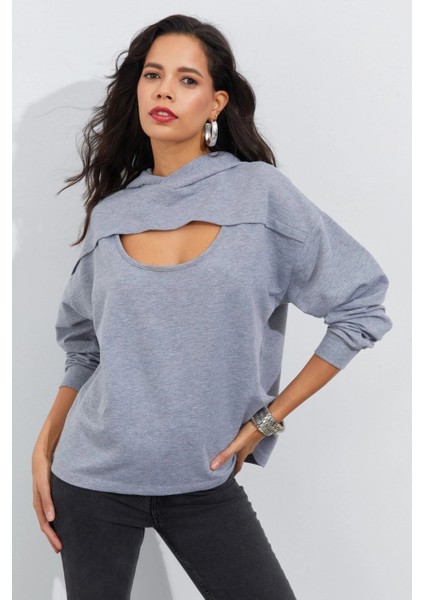 Kadın Gri Önü Pencereli Kapüşonlu Sweatshirt Yİ2486 fırsatları