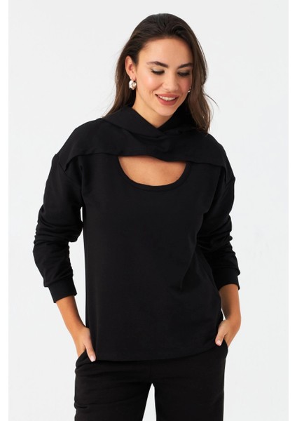 Kadın Siyah Önü Pencereli Kapüşonlu Sweatshirt TF38 modelleri