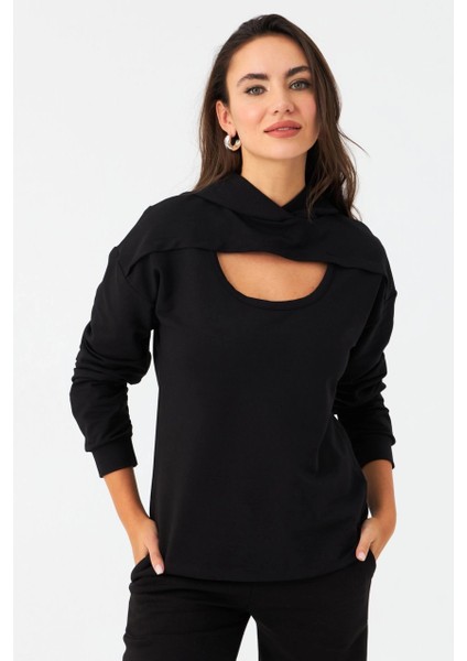 Kadın Siyah Önü Pencereli Kapüşonlu Sweatshirt TF38 fırsatları