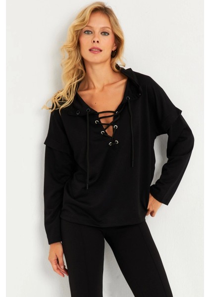 Kadın Siyah Kuşgözlü Sweatshirt TF04