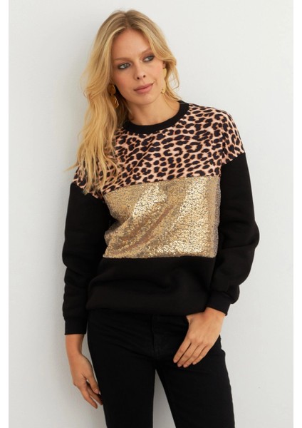 Kadın Siyah-Camel Bloklu Sweatshirt MST098 fiyatları