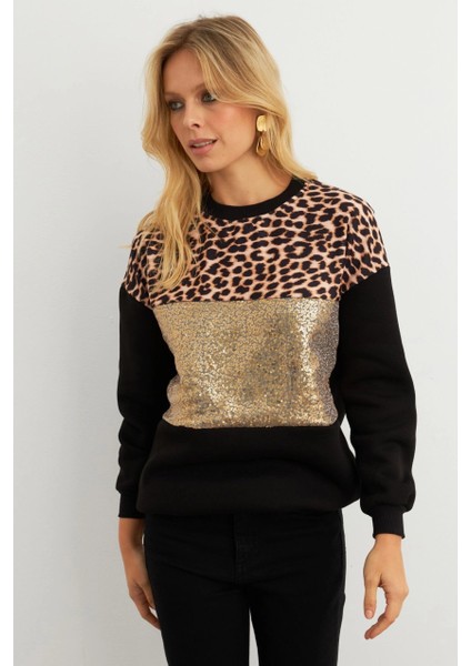 Kadın Siyah-Camel Bloklu Sweatshirt MST098 modelleri