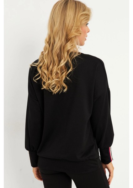 Kadın Siyah Şerit Detaylı V Yaka Sweatshirt EY2905 indirimleri