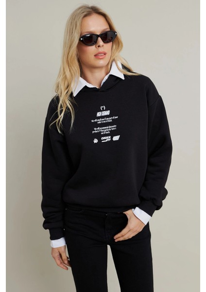 Kadın Siyah Baskılı Kapüşonlu Sweatshirt DY1451 fırsatları
