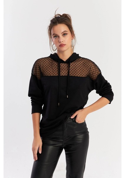 Kadın Siyah Üstü Tül Kapüşonlu Sweatshirt EY2934 modelleri