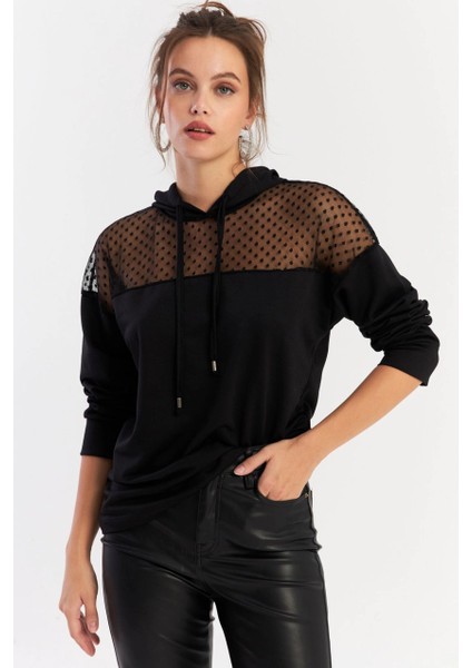 Kadın Siyah Üstü Tül Kapüşonlu Sweatshirt EY2934 fırsatları