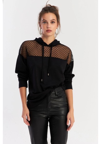 Kadın Siyah Üstü Tül Kapüşonlu Sweatshirt EY2934 indirimleri