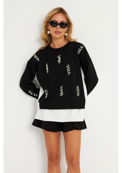 Kadın Siyah-Ekru İncili Sweatshirt RLO01 fiyatları