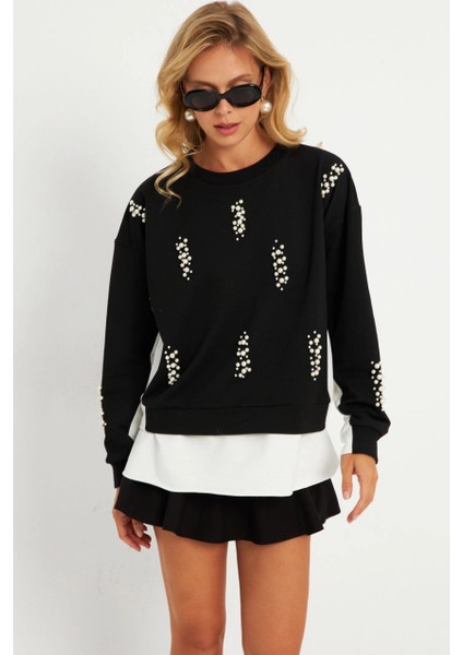 Kadın Siyah-Ekru İncili Sweatshirt RLO01 modelleri