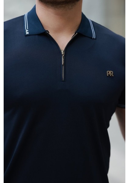 Erkek Yaka ve Kolları Çizgi Detaylı Fermuar Yakalı Kısa Kollu Tişört modelleri