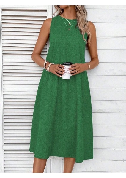 Kadın Kolsuz Bisiklet Yaka Cepli Midi Keten Elbise