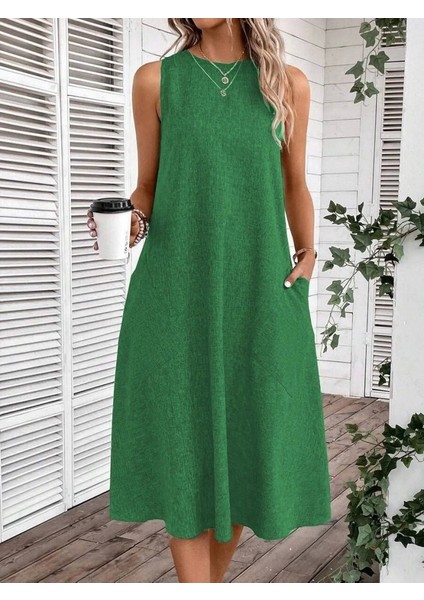 Kadın Kolsuz Bisiklet Yaka Cepli Midi Keten Elbise modelleri
