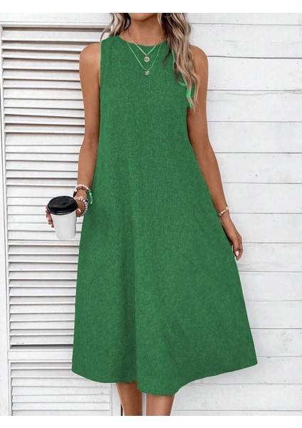 Kadın Kolsuz Bisiklet Yaka Cepli Midi Keten Elbise indirimleri