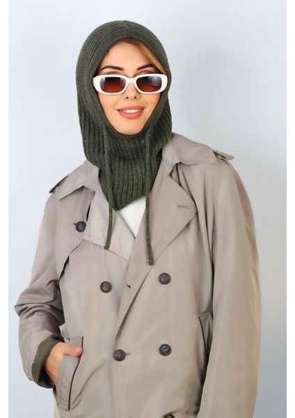 Kadın Ipli Haki Balaclava Triko Bere / Başlık