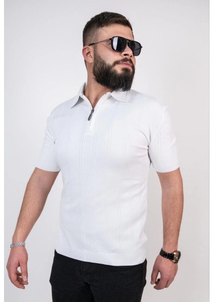 Triko Dokuma Yarım Fermuarlı Yakalı T-Shirt - Beyaz