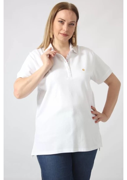 21305 Kısa Kollu Büyük Beden Lakost Kumas T-Shirt Beyaz