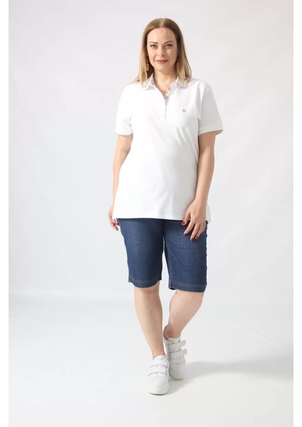 21305 Kısa Kollu Büyük Beden Lakost Kumas T-Shirt Beyaz modelleri