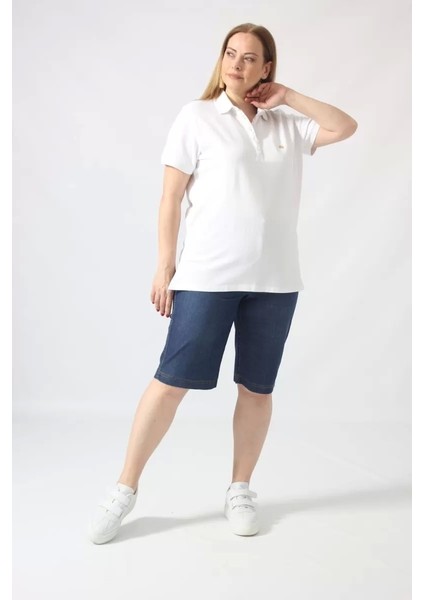 21305 Kısa Kollu Büyük Beden Lakost Kumas T-Shirt Beyaz indirimleri