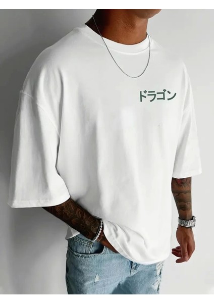 Baskılı Oversize Bisiklet Yaka T-Shirt - Beyaz modelleri