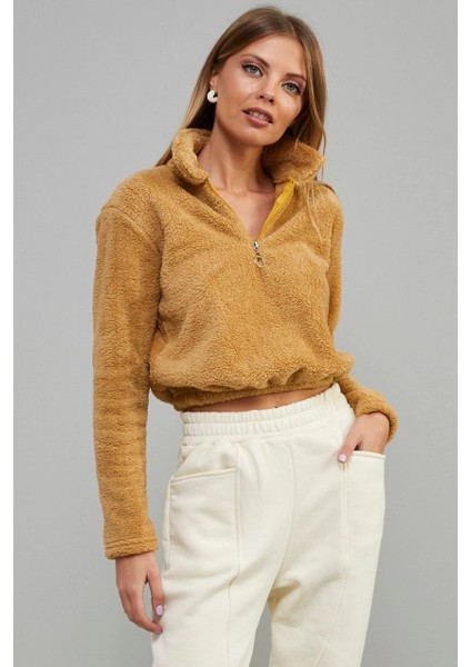 Kadın Camel Önü Fermuarlı Crop Peluş Sweatshirt DA85