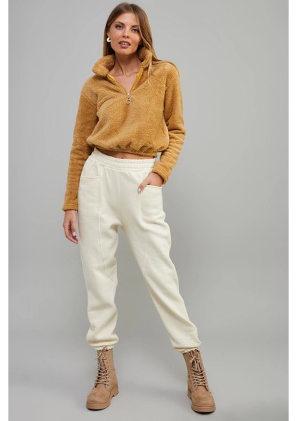 Kadın Camel Önü Fermuarlı Crop Peluş Sweatshirt DA85 fiyatları