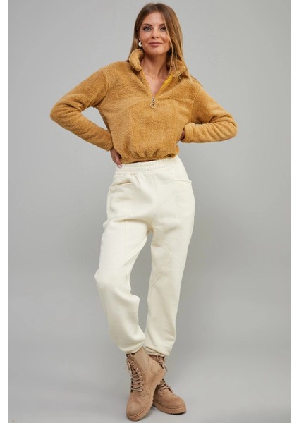 Kadın Camel Önü Fermuarlı Crop Peluş Sweatshirt DA85 fırsatları