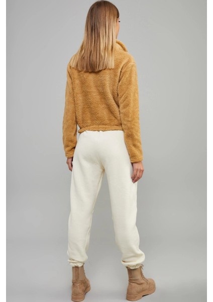 Kadın Camel Önü Fermuarlı Crop Peluş Sweatshirt DA85 indirimleri