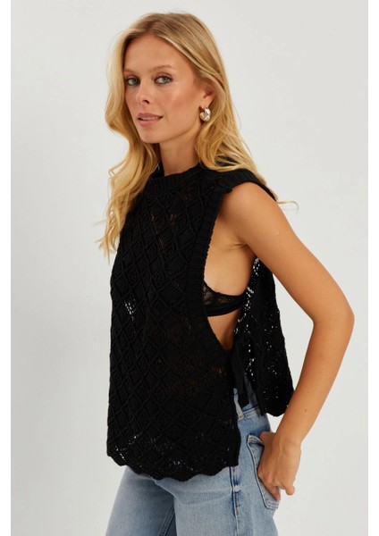 Kadın Siyah Yanları Bağlamalı Ajurlu Süveter YV226 fiyatları