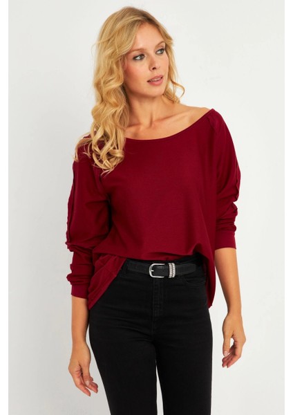 Kadın Bordo Kayık Yaka Ters Dikişli Sweatshirt TF10