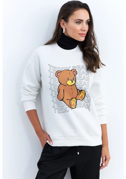 Kadın Ekru Ayıcık Baskılı Sweatshirt MZM288 modelleri