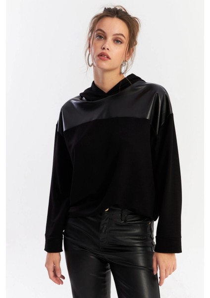 Kadın Siyah Suni Deri Bloklu Kapüşonlu Sweatshirt ST838 fiyatları